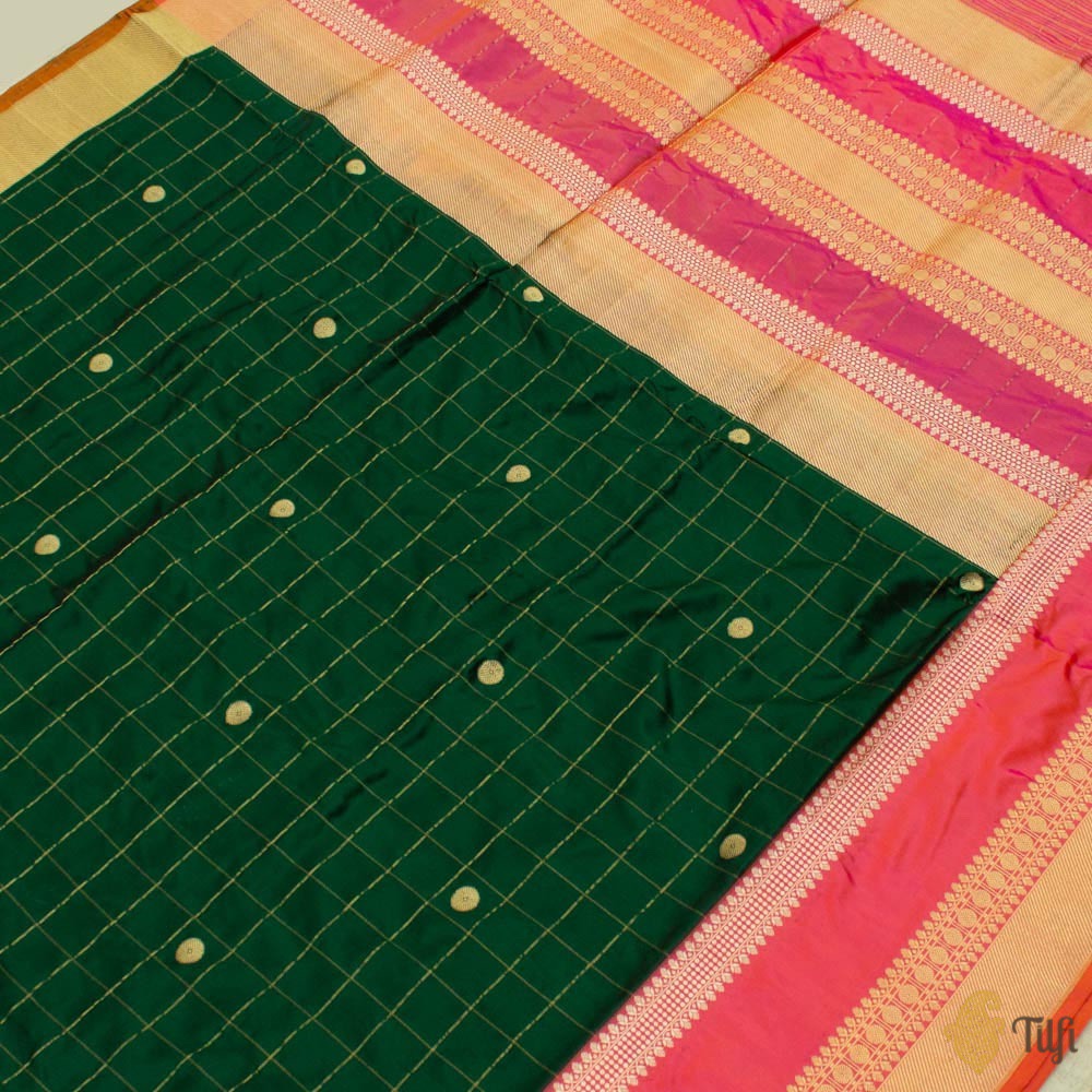 Dark Green-Pink Pure Katan Silk Banarasi Handloom Saree