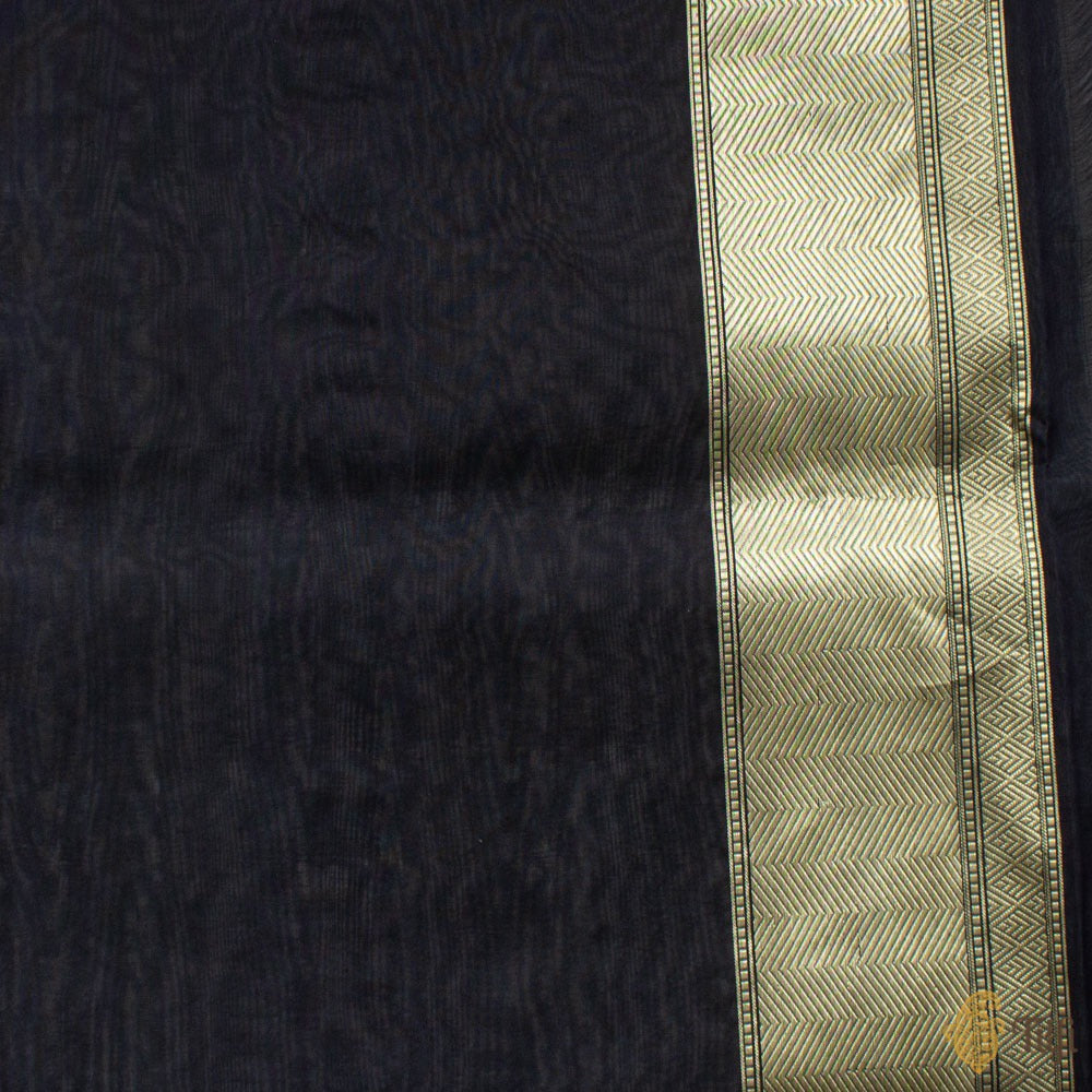 Black-Dark Navy Blue Pure Kora Silk Banarasi Handloom Kadwa Saree