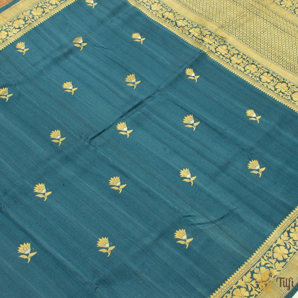 Prussian Blue Pure Tussar Georgette Silk Banarasi Handloom Saree