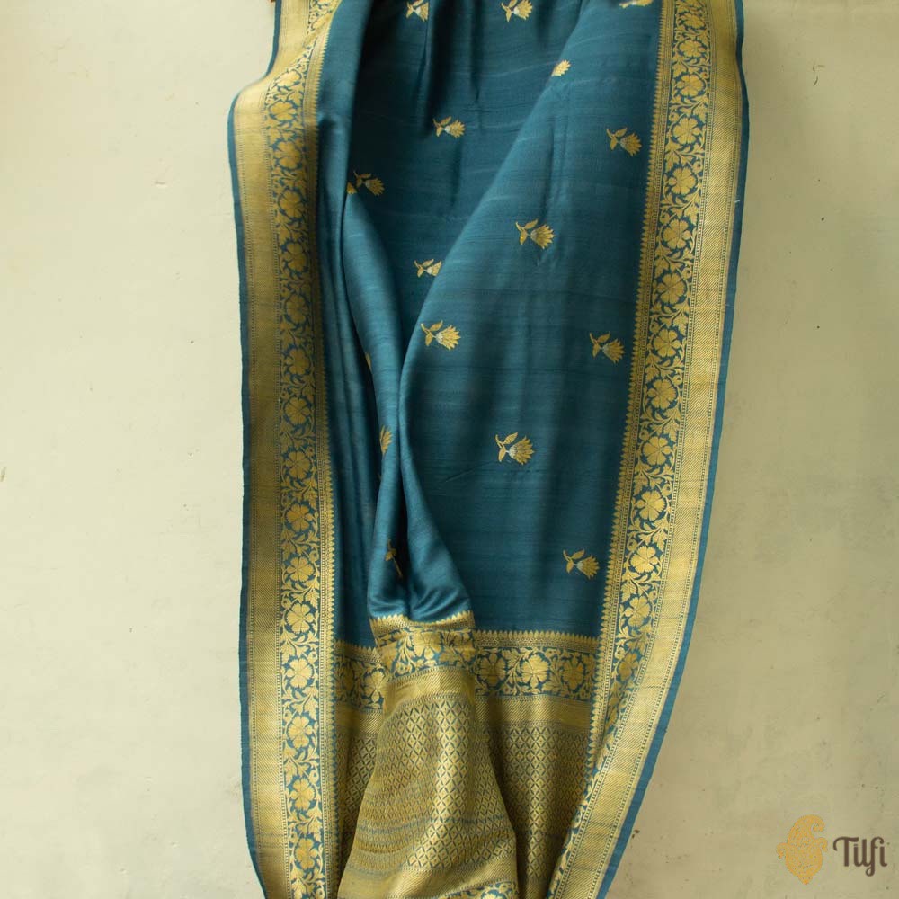 Prussian Blue Pure Tussar Georgette Silk Banarasi Handloom Saree