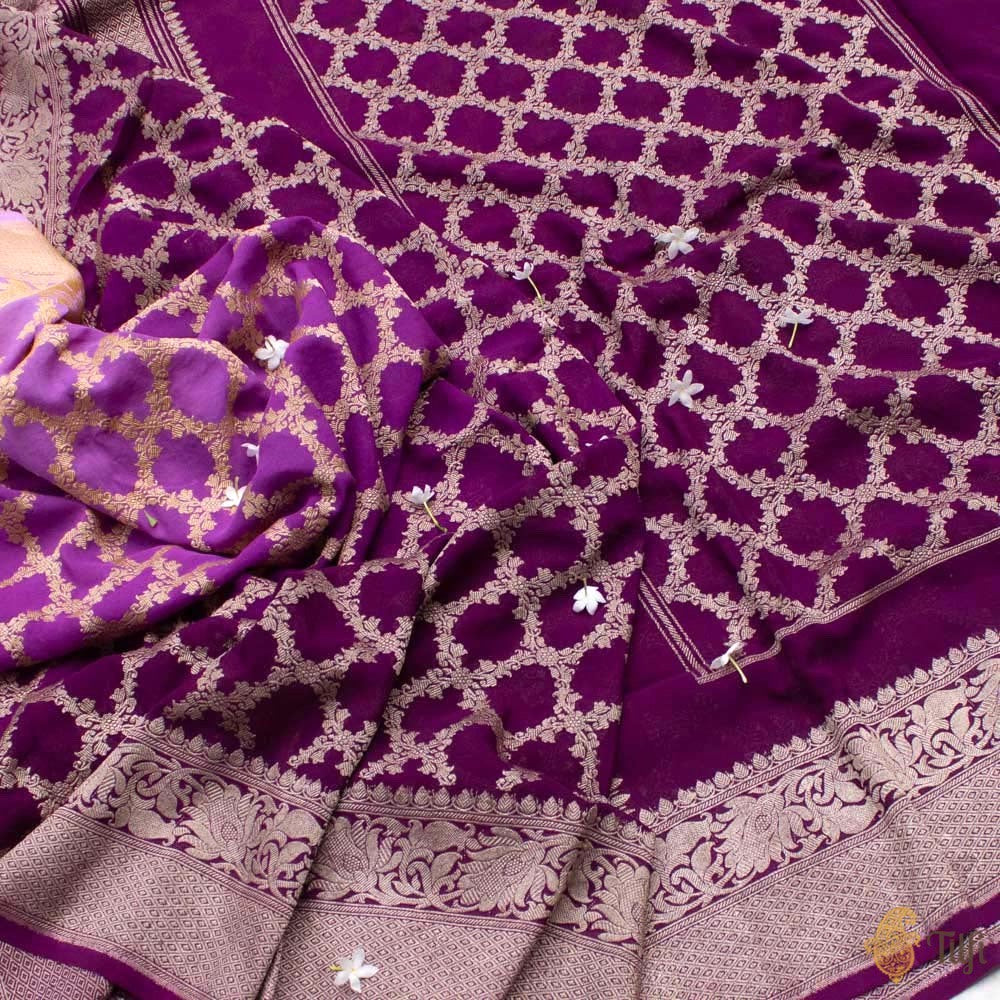 Lavender-Deep Purple Ombr√© Pure Georgette Banarasi Handloom Jangla Saree