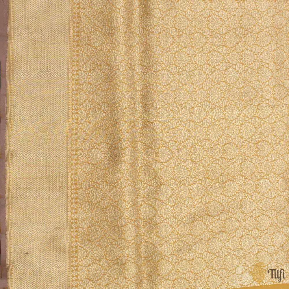 Ivory-Pale Yellow Pure Katan Silk Banarasi Zari Vasket Handloom Saree