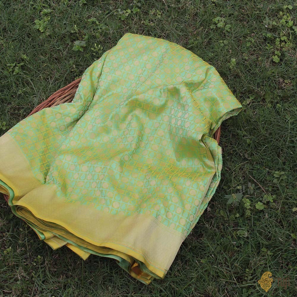 Yellow-Green Pure Soft Satin Silk Banarasi Handloom Saree