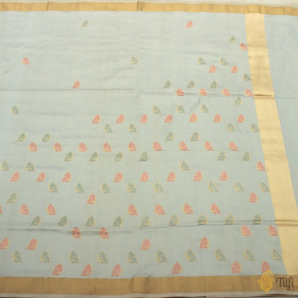 Ice Blue Pure Katan Silk &amp; Cotton Banarasi Handloom Saree