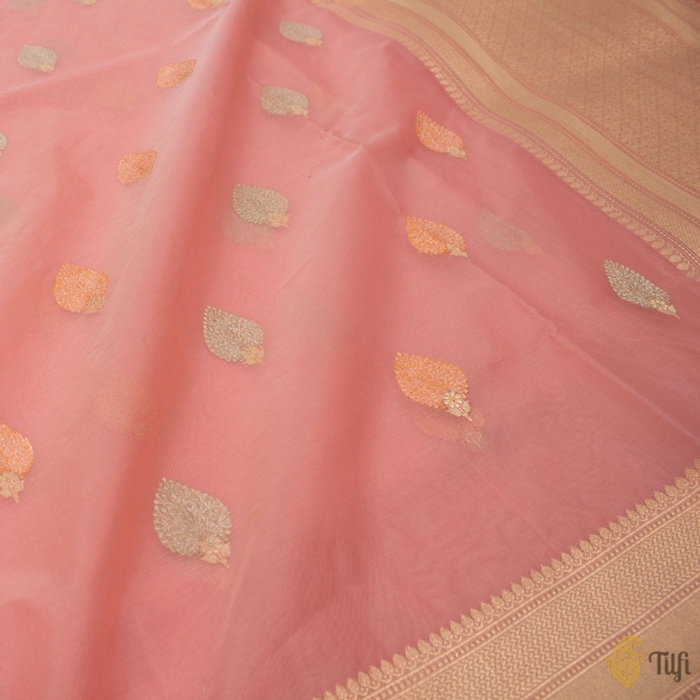 Peach-Pink Pure Kora Silk Handwoven Banarasi Saree