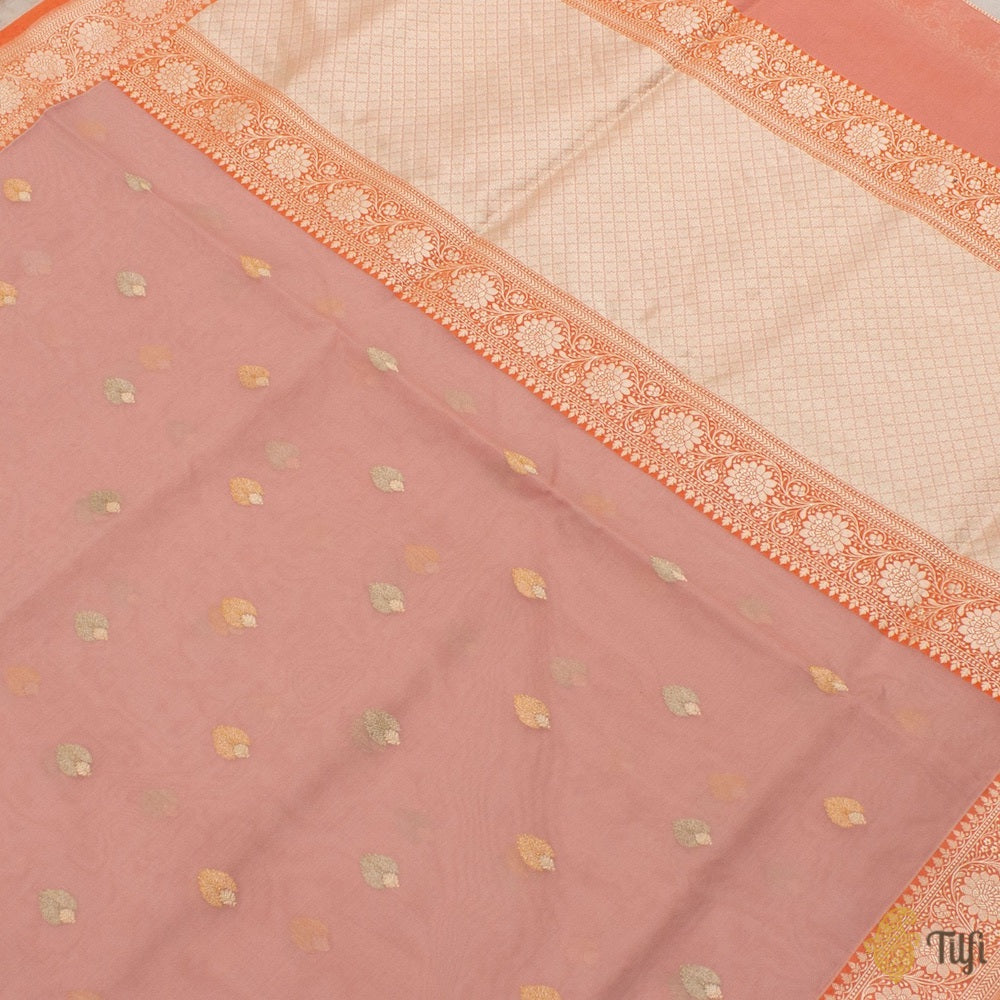 Soft Pink-Orange Pure Kora Silk Banarasi Handloom Saree