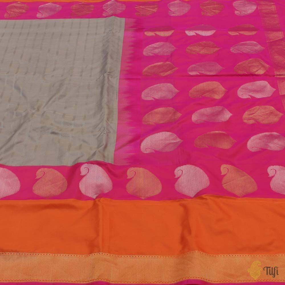 Grey-Orange Pink Pure Katan Silk Banarasi Handloom Saree