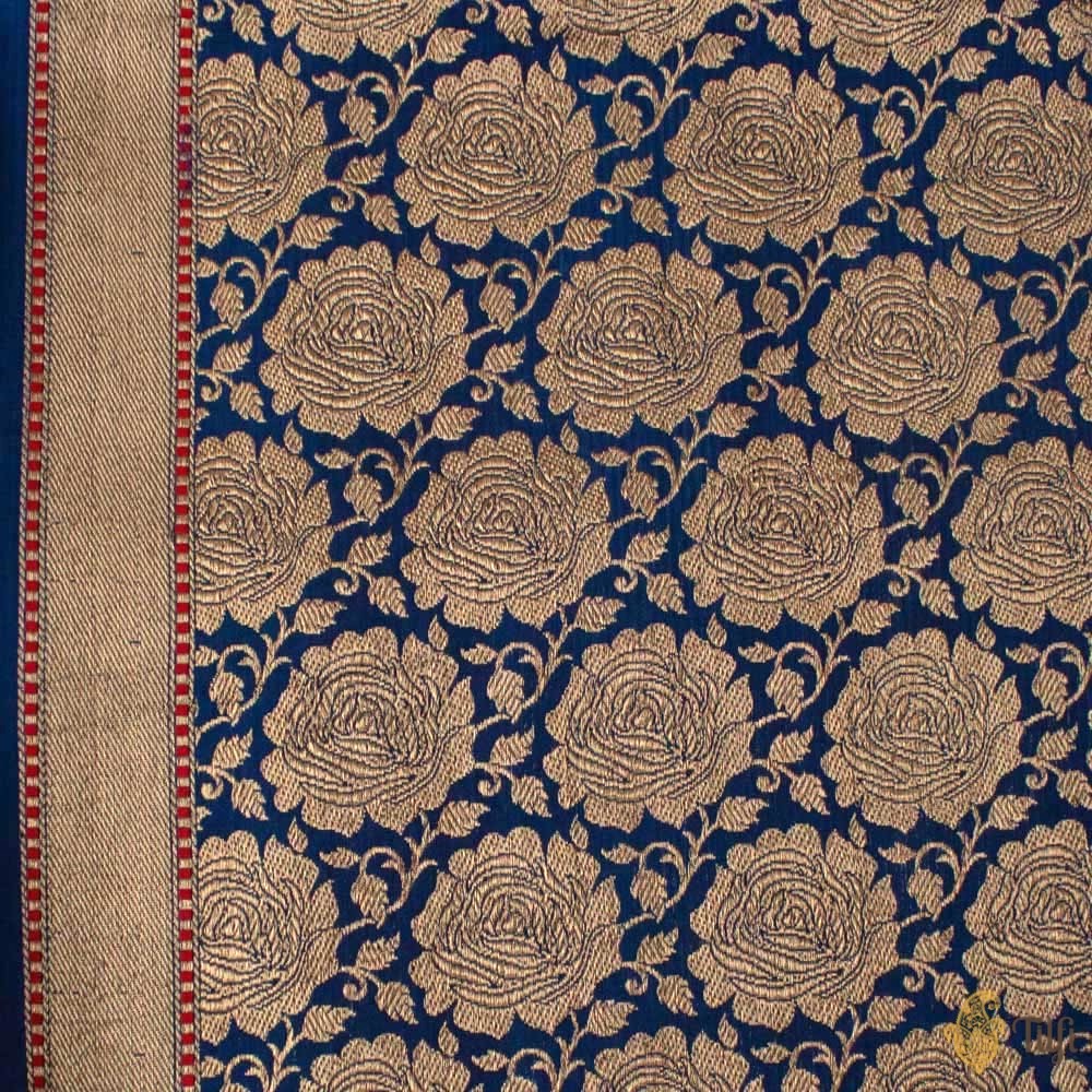 Beige-Navy Blue Pure Kora Silk Banarasi Handloom Saree