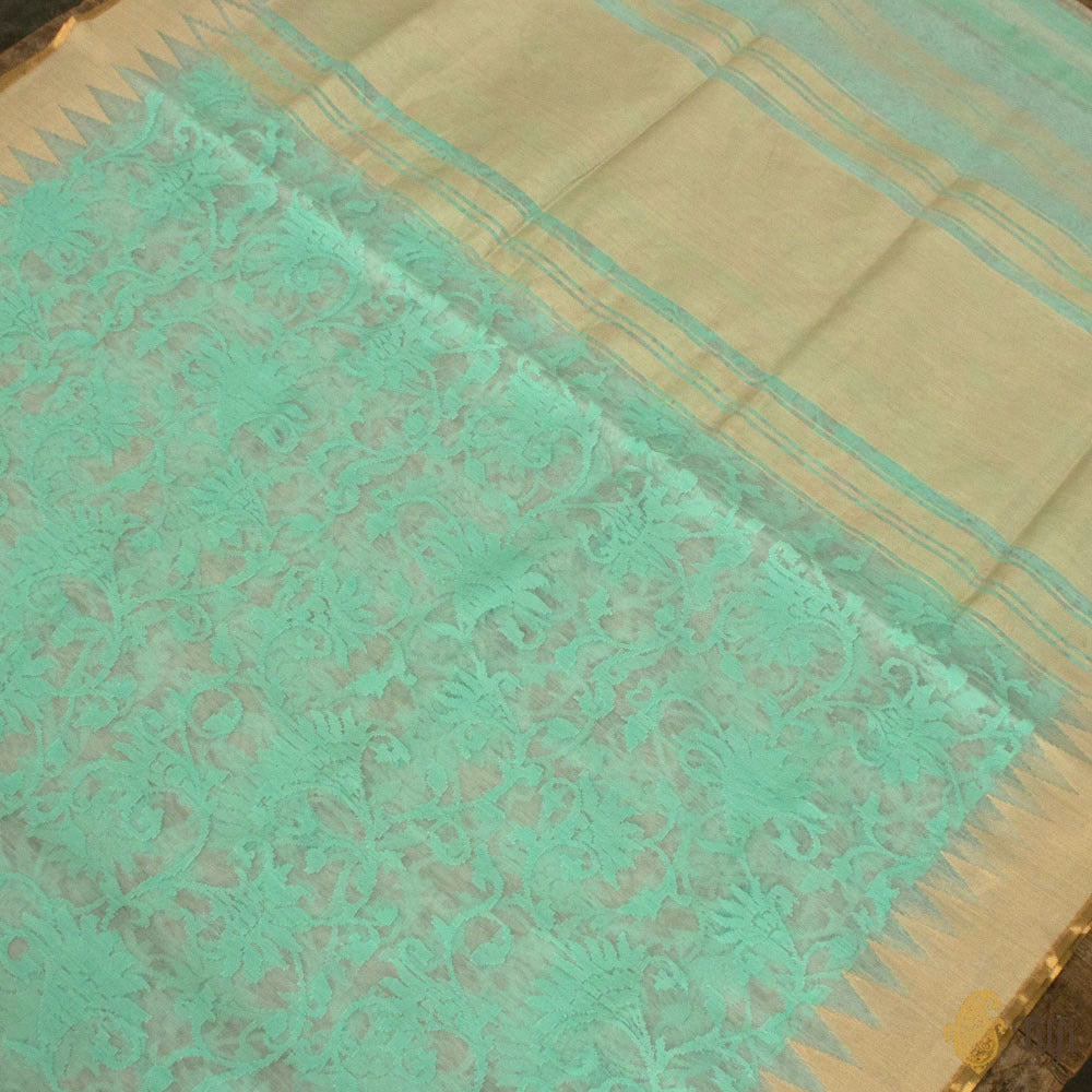 Light Turquoise Blue Pure Kora Silk Net Banarasi Handloom Saree