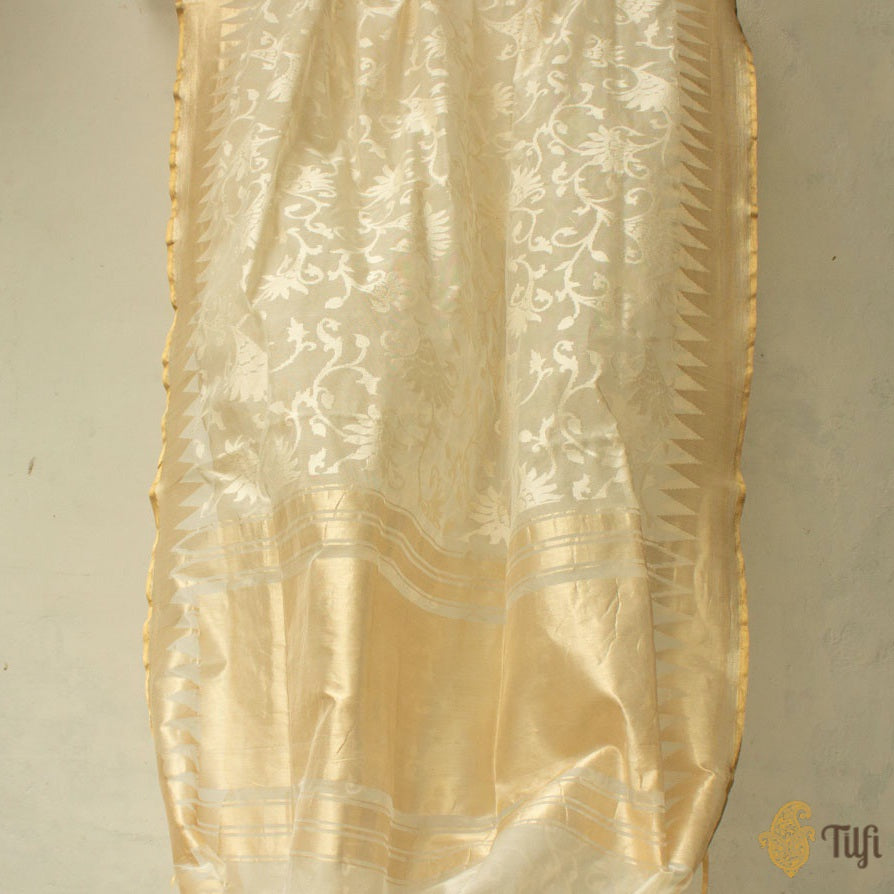 Cream Pure Kora Silk Net Banarasi Handloom Saree