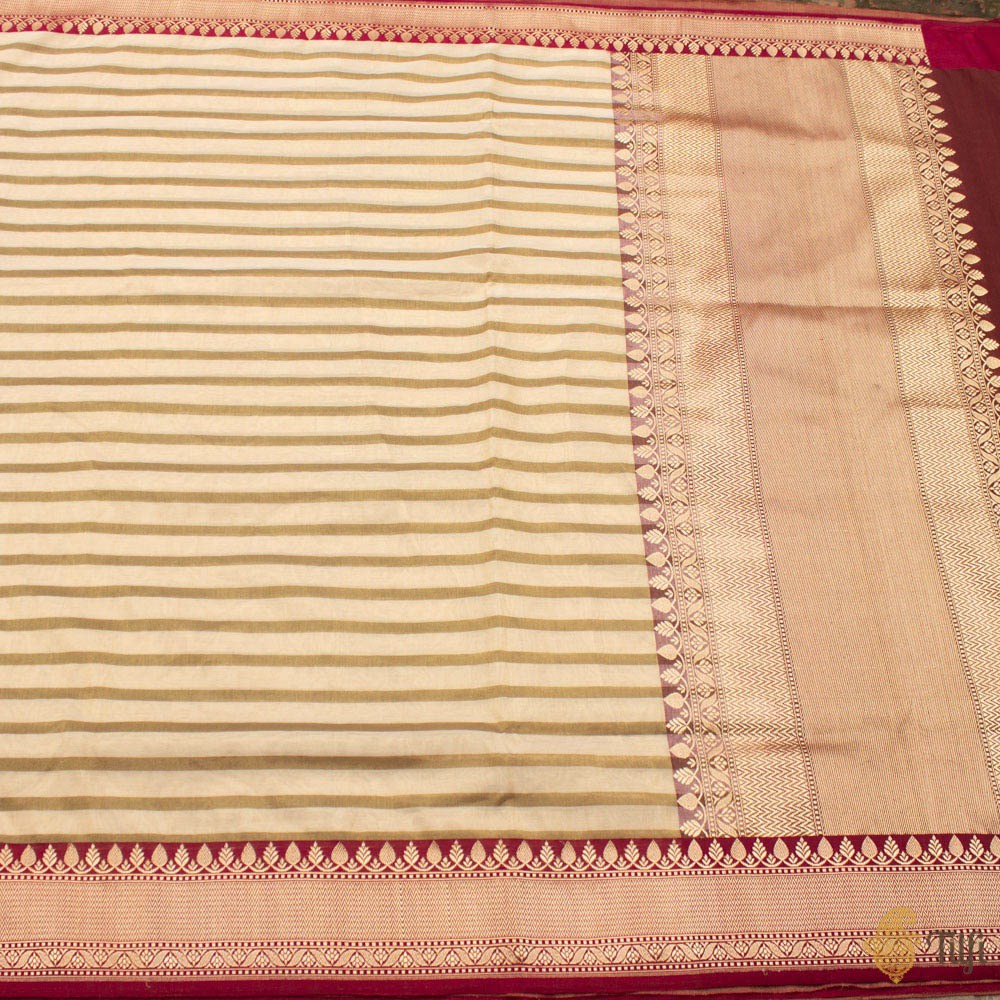 Off-White-Brown Pure Cotton Tissue Banarasi Handloom Saree