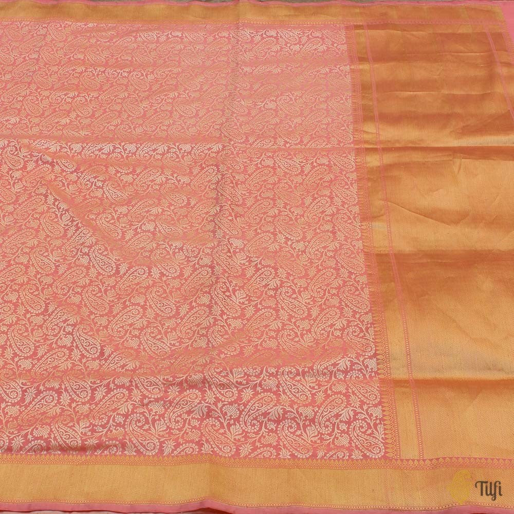 Peach Pure Soft Satin Silk Banarasi Handloom Saree