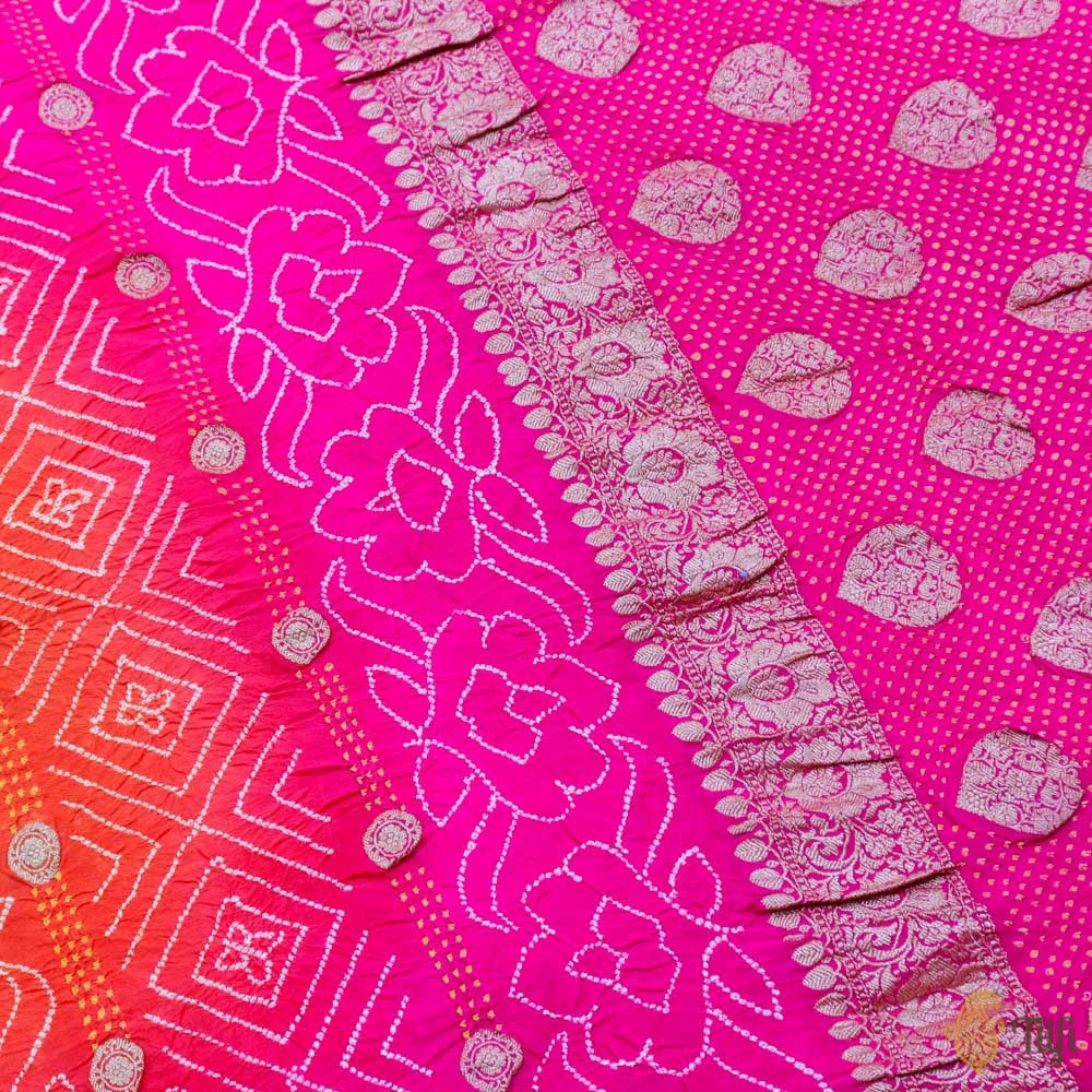 Orange-Pink Pure Georgette Banarasi Bandhani Handloom Saree