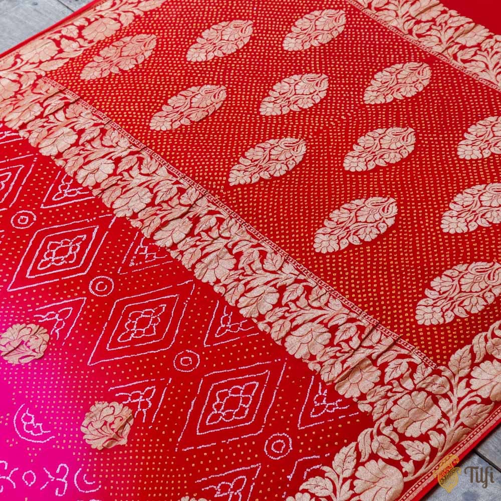Rani Pink-Red Pure Georgette Banarasi Bandhani Handloom Saree