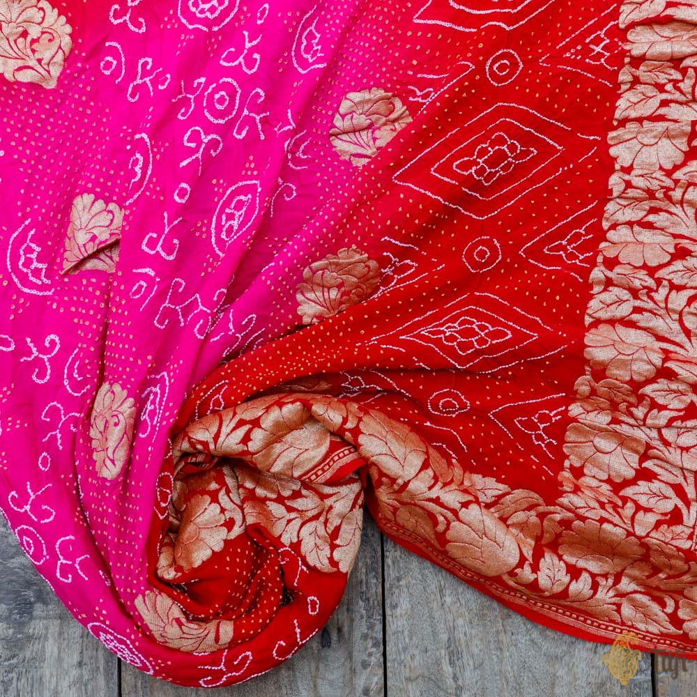 Rani Pink-Red Pure Georgette Banarasi Bandhani Handloom Saree