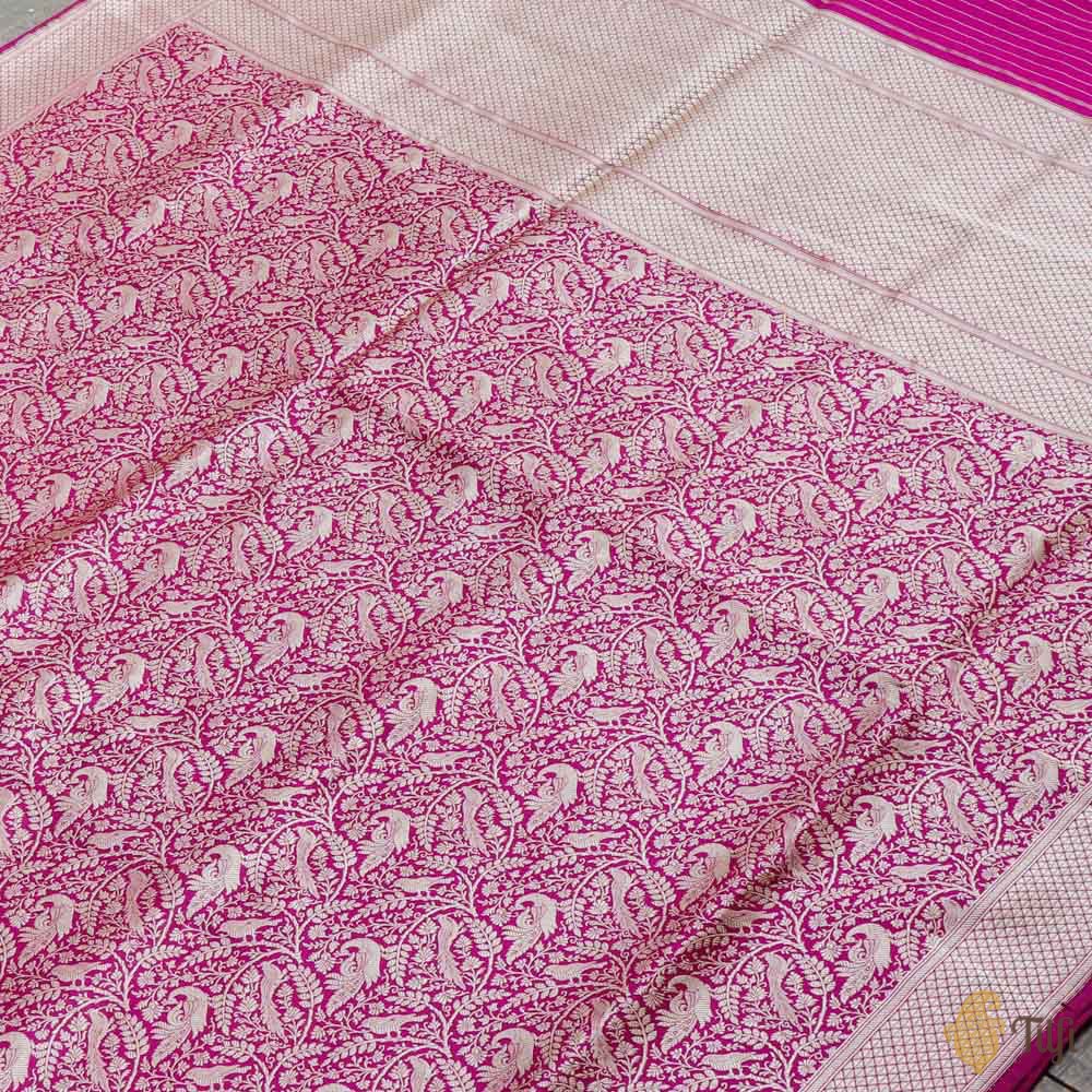 Magenta Pure Katan Silk Banarasi Shikargah Handloom Saree