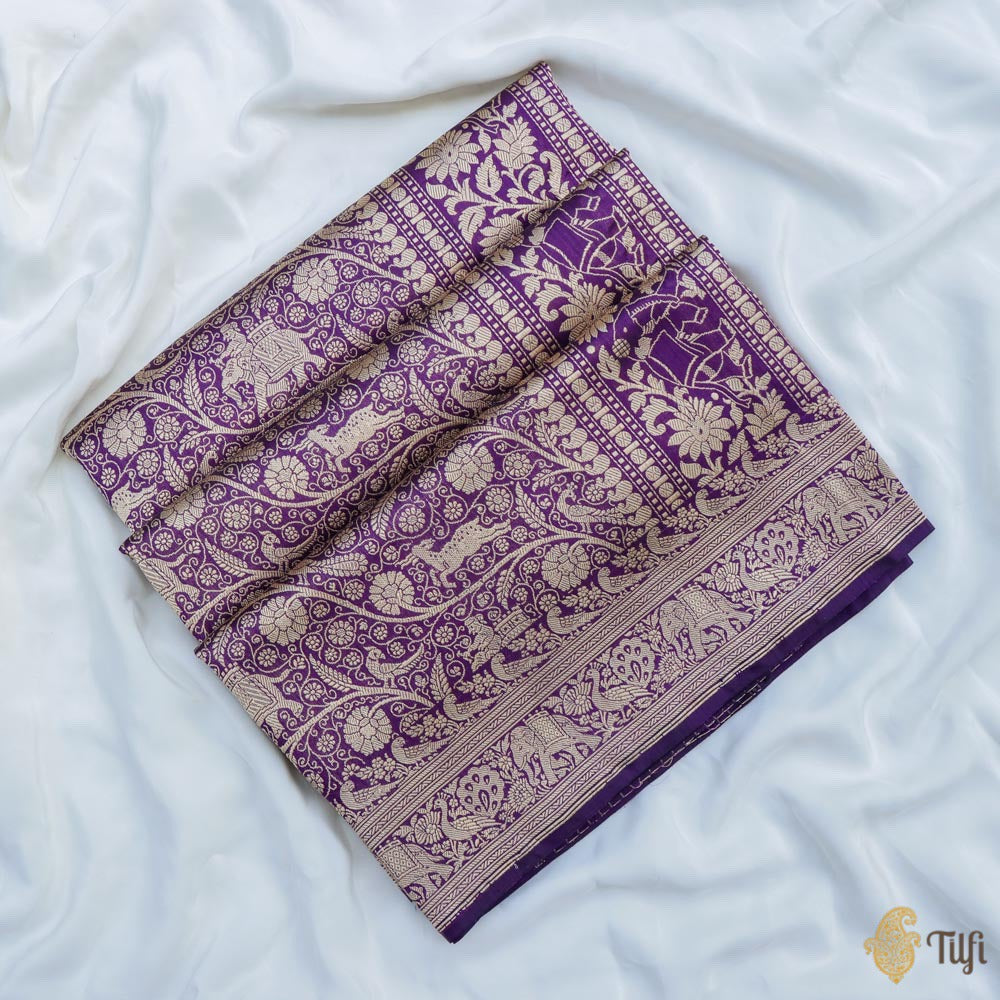 Deep Purple Pure Katan Silk Banarasi Shikargah Handloom Saree