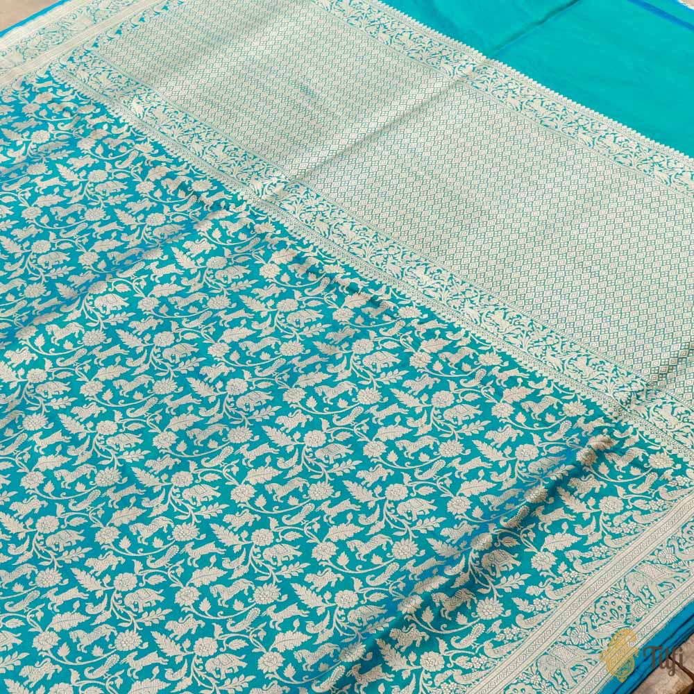 Blue-Green Pure Katan Silk Banarasi Shikaargah Handloom Saree