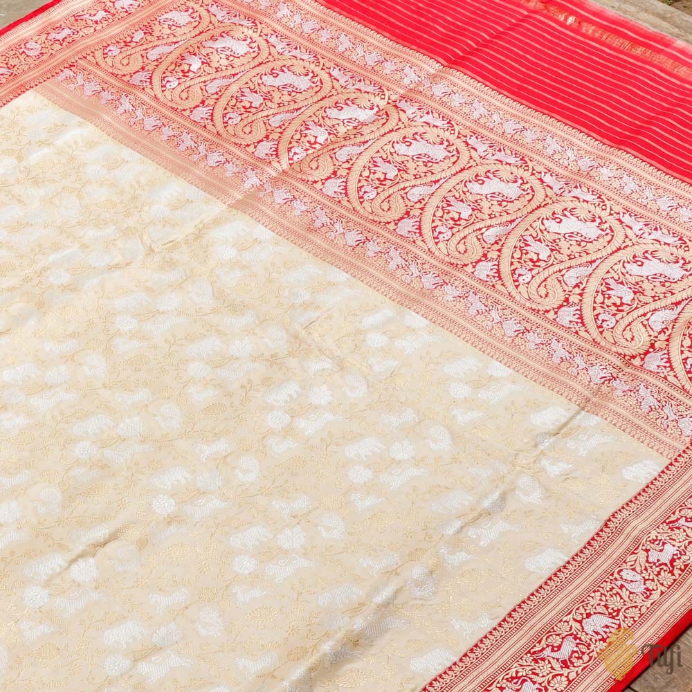 Off-White-Red Pure Katan Silk Banarasi Handloom Shikaargah Saree
