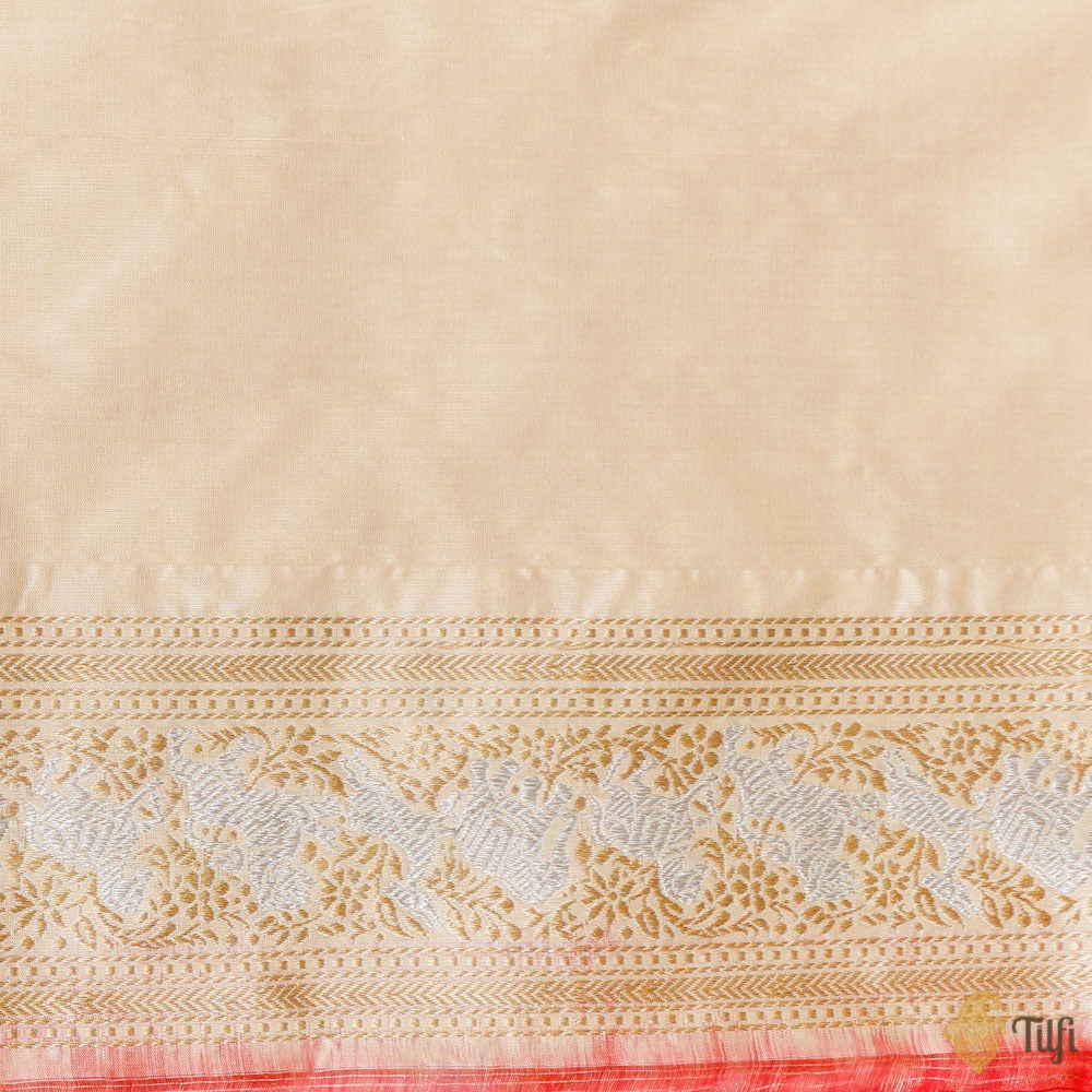Off-White-Red Pure Katan Silk Banarasi Handloom Shikaargah Saree