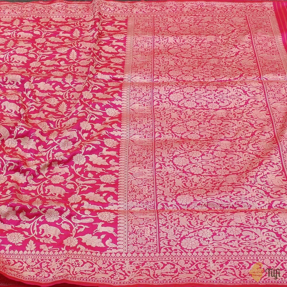 Orange-Indian Pink Pure Katan Silk Banarasi Shikaargah Handloom Saree