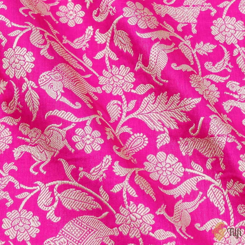 Fuchsia Pink Pure Katan Silk Banarasi Shikargah Handloom Saree
