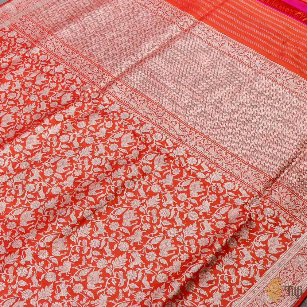 Red-Orange Pure Katan Silk Banarasi Shikaargah Handloom Saree