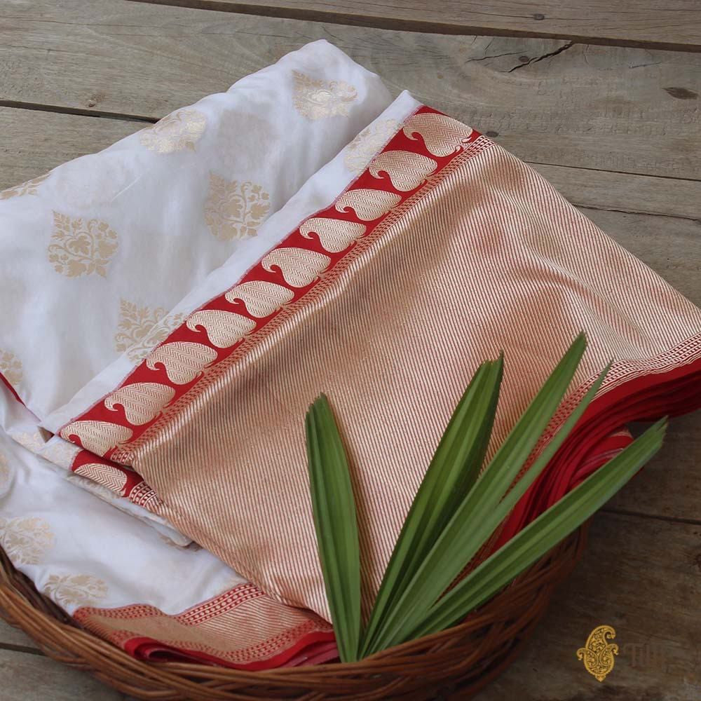 Off-White-Red Pure Katan Silk Banarasi Kadiyal Handloom Saree