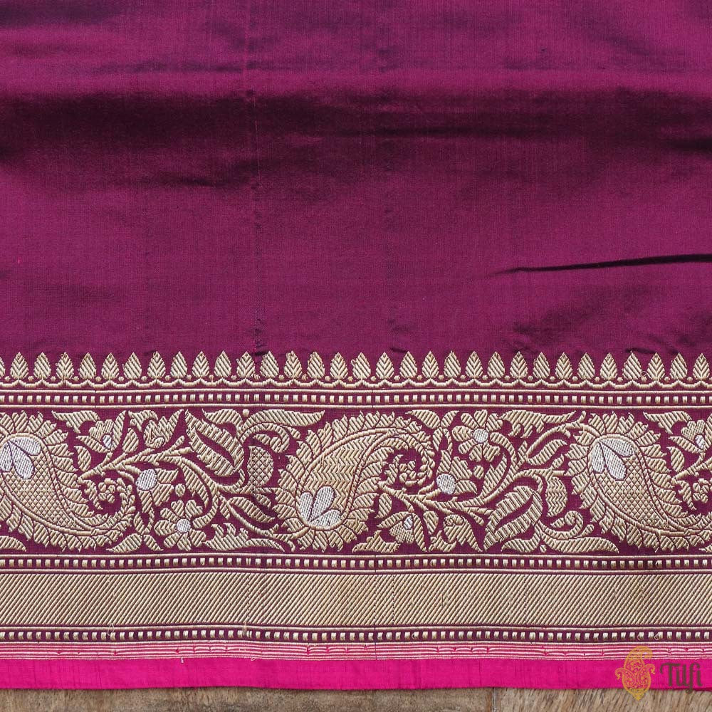 Deep Magenta Pure Katan Silk Banarasi Handloom Kadwa Saree