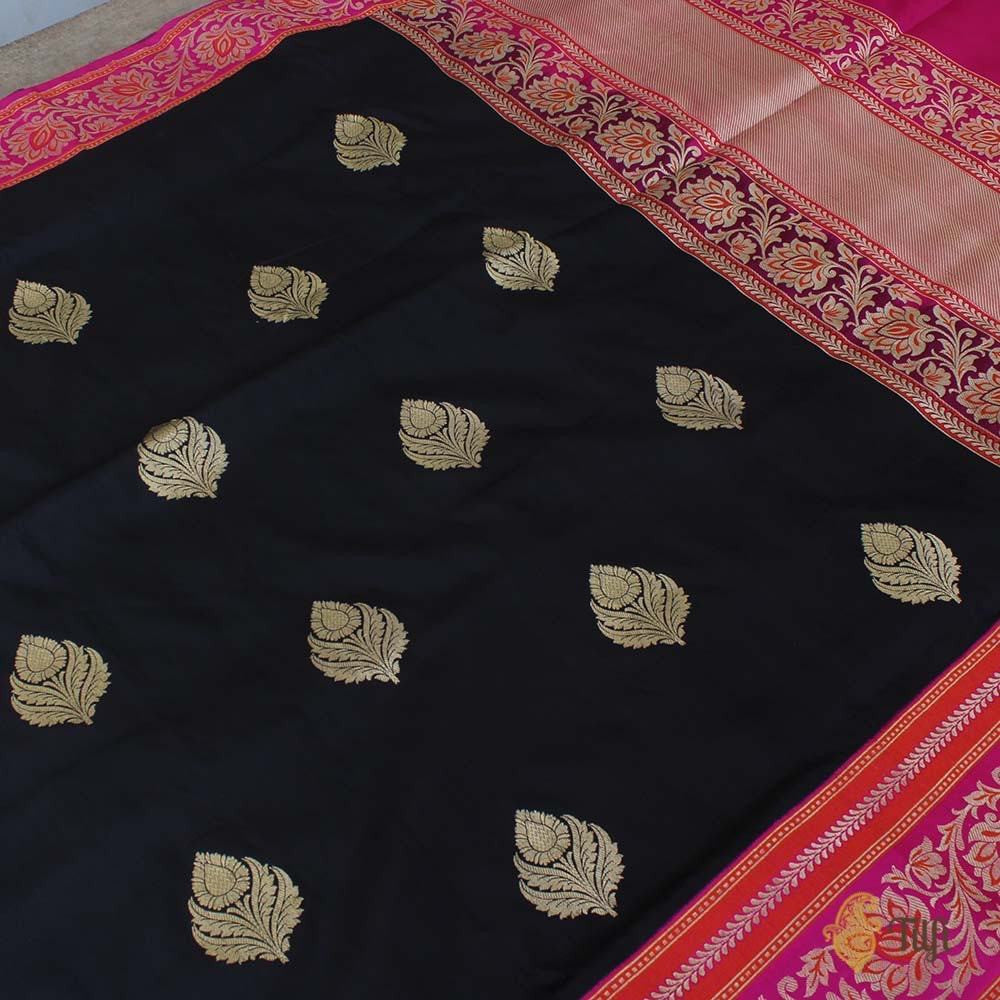Black-Indian Pink Pure Katan Silk Banarasi Handloom Saree