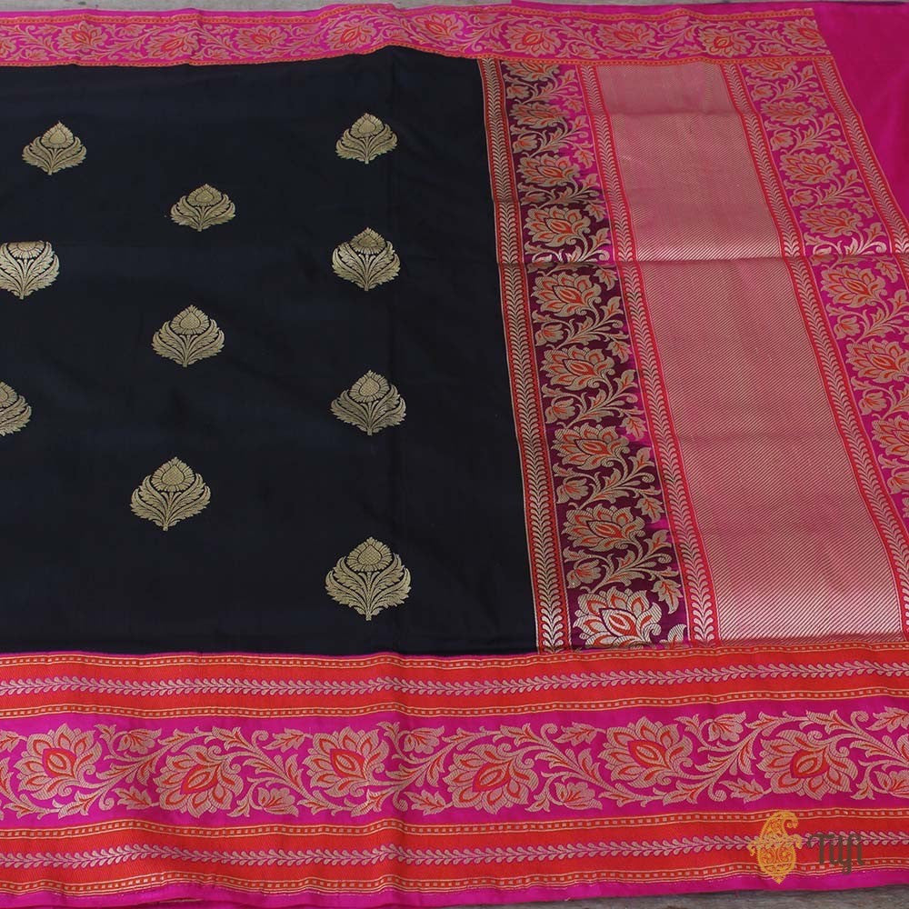 Black-Indian Pink Pure Katan Silk Banarasi Handloom Saree