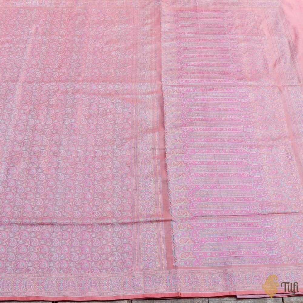 Soft Pink Pure Soft Satin Silk Tanchoi Jamawar Banarasi Handloom Saree