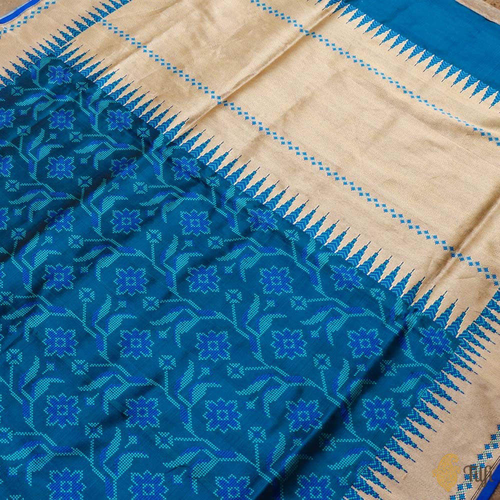Prussian Blue Pure Soft Satin Silk Banarasi Handloom Saree