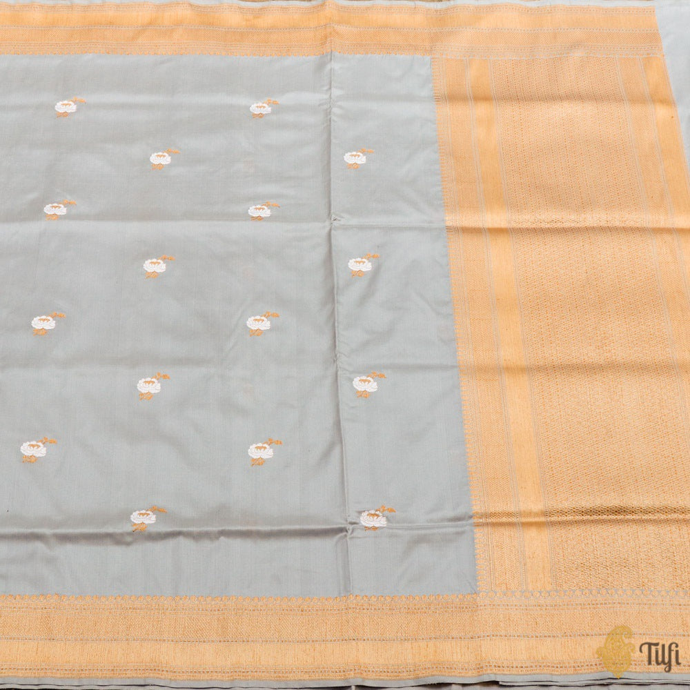 Blueish-Grey Pure Katan Silk Banarasi Handloom Saree