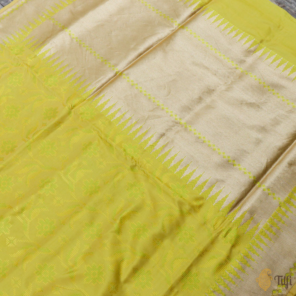 Lemon Green Pure Soft Satin Silk Banarasi Handloom Saree