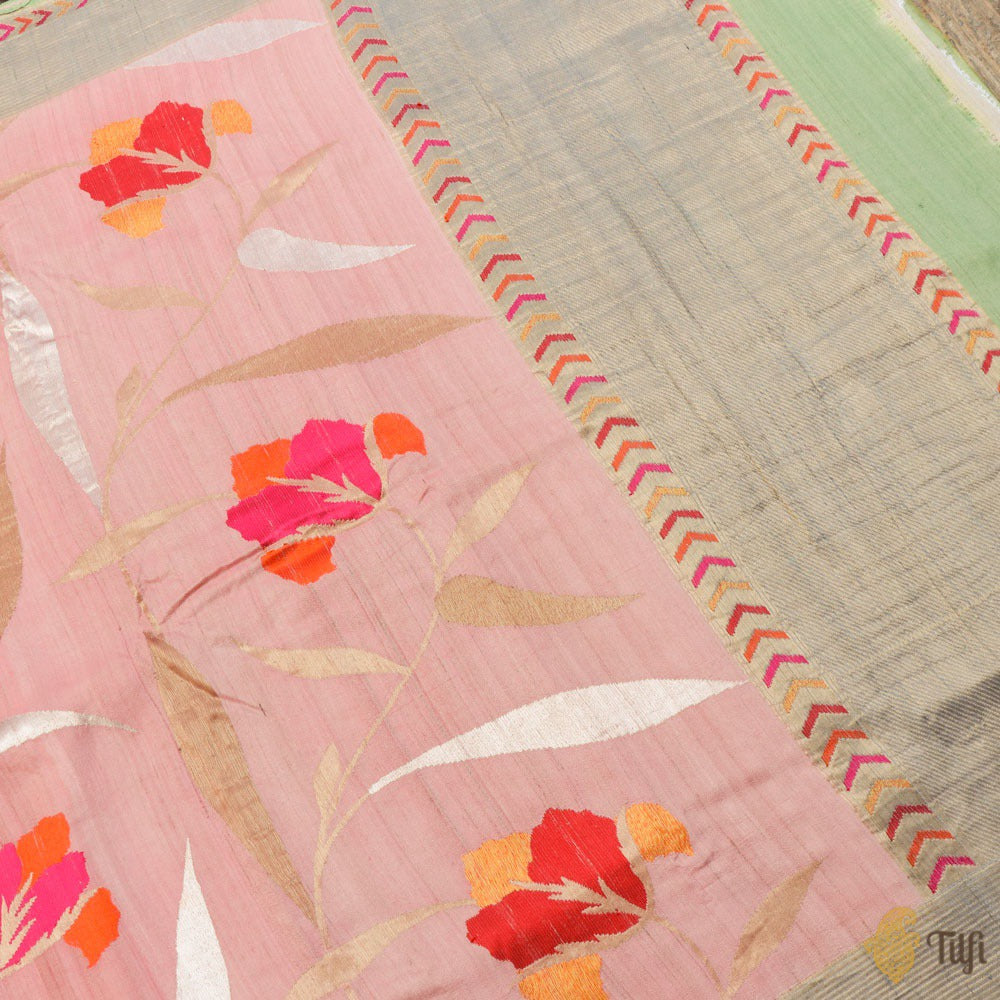 Soft Pink Pure Tussar Georgette Silk Banarasi Handloom Saree
