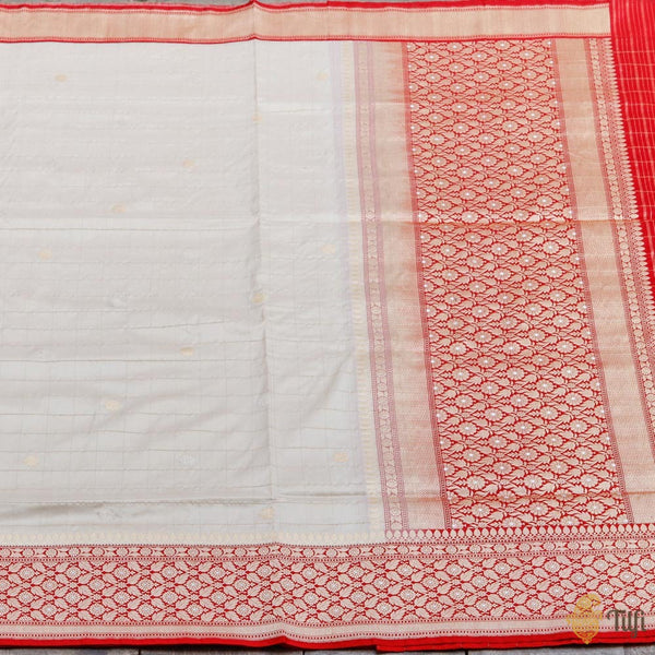Off-White-Red Pure Katan Silk Banarasi Handloom Saree - Tilfi