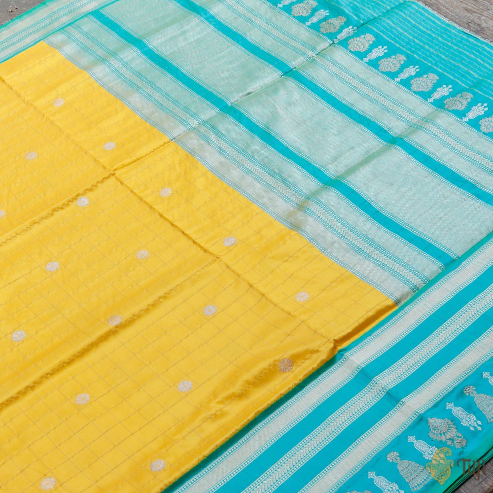 Yellow-Blue Green Pure Katan Silk Banarasi Handloom Saree