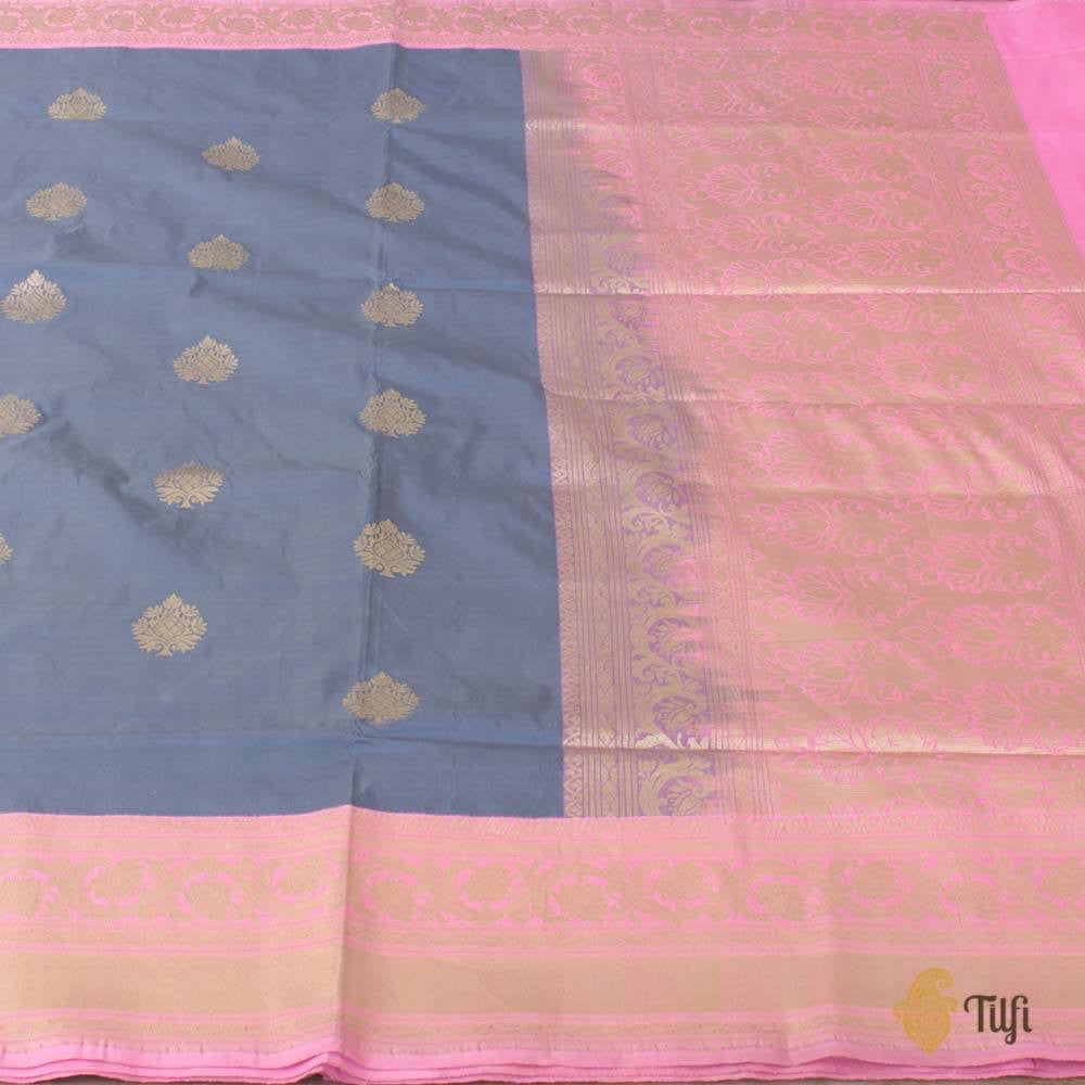 Grey-Baby Pink Pure Katan Silk Banarasi Handloom Saree