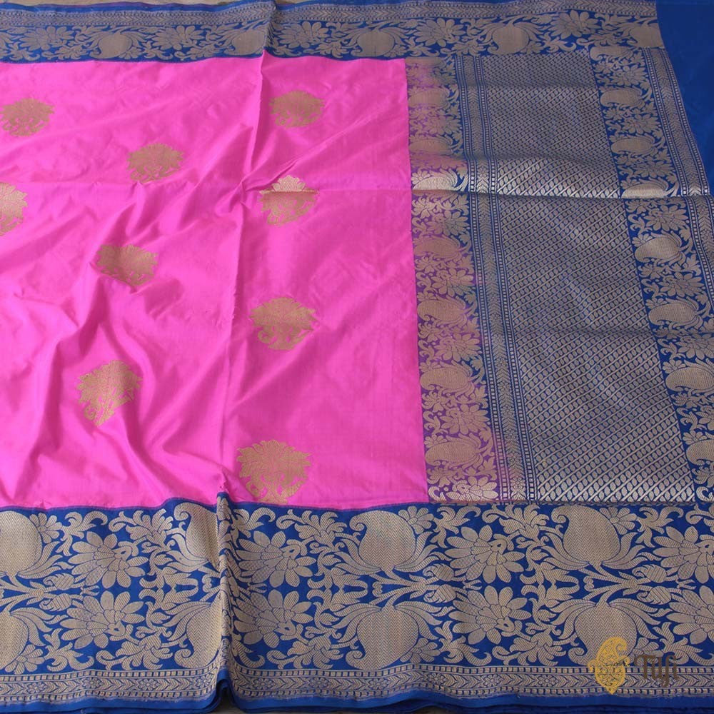 Gulabi Pink-Royal Blue Pure Katan Silk Banarasi Handloom Saree