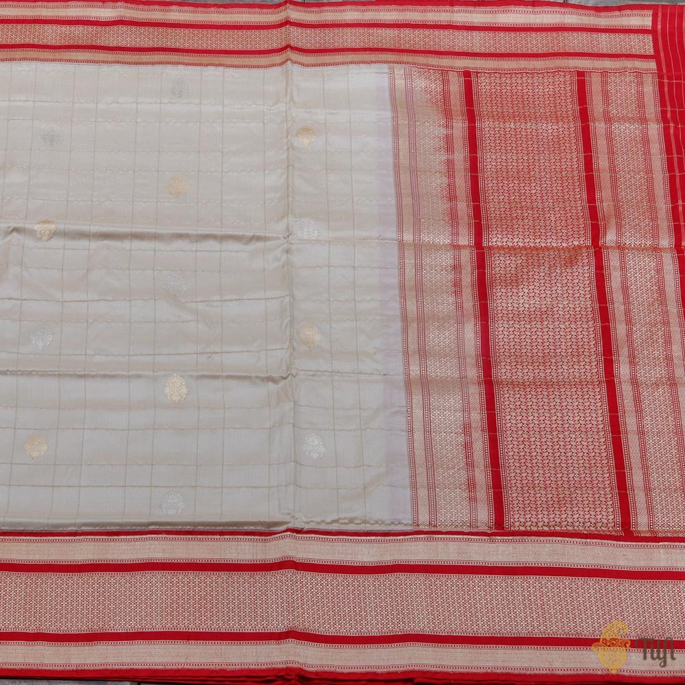 Beige-Red Pure Katan Silk Banarasi Handloom Saree