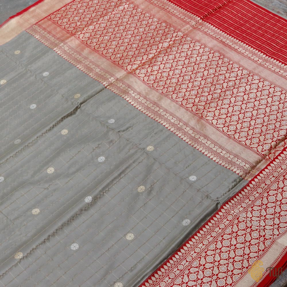 Taupe Grey-Red Pure Katan Silk Banarasi Handloom Saree