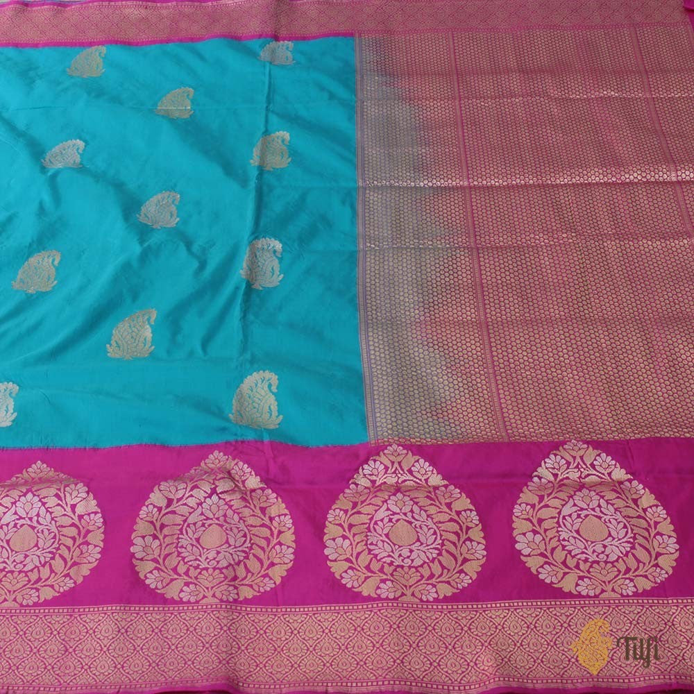 Ferozi Blue-Gulabi Pink Pure Katan Silk Banarasi Handloom Saree