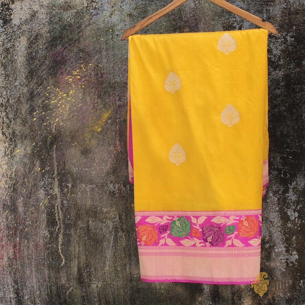 Yellow-Indian Pink Pure Katan Silk Banarasi Handloom Saree