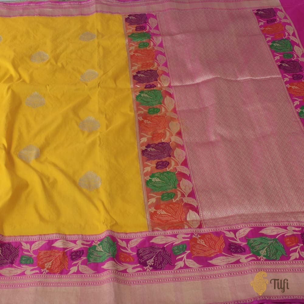 Yellow-Indian Pink Pure Katan Silk Banarasi Handloom Saree