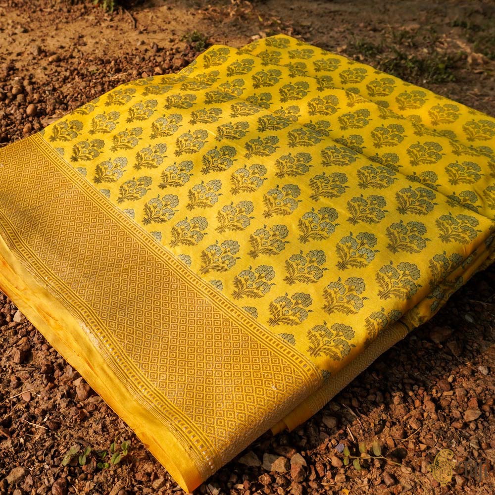 &#39;Sugandha&#39; Yellow Pure Katan Silk Banarasi Handloom Saree