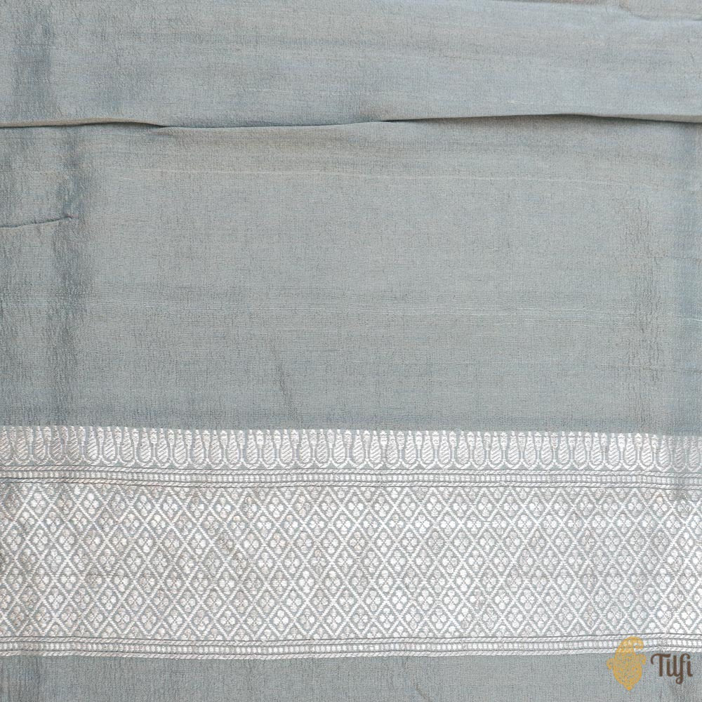 Light Blue Grey Pure Tussar Georgette Silk Banarasi Handloom Saree