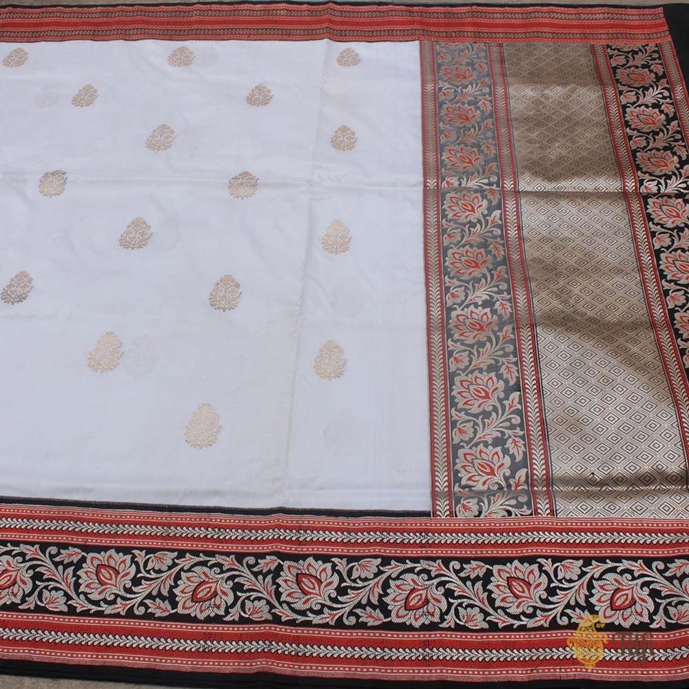 White-Black Pure Katan Silk Banarasi Handloom Saree