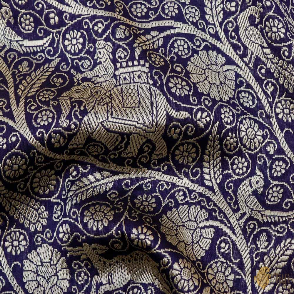 Navy Blue Pure Katan Silk Banarasi Shikargah Handloom Saree