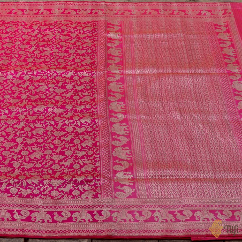 Red-Light Pink Pure Katan Silk Banarasi Shikargah Handloom Saree